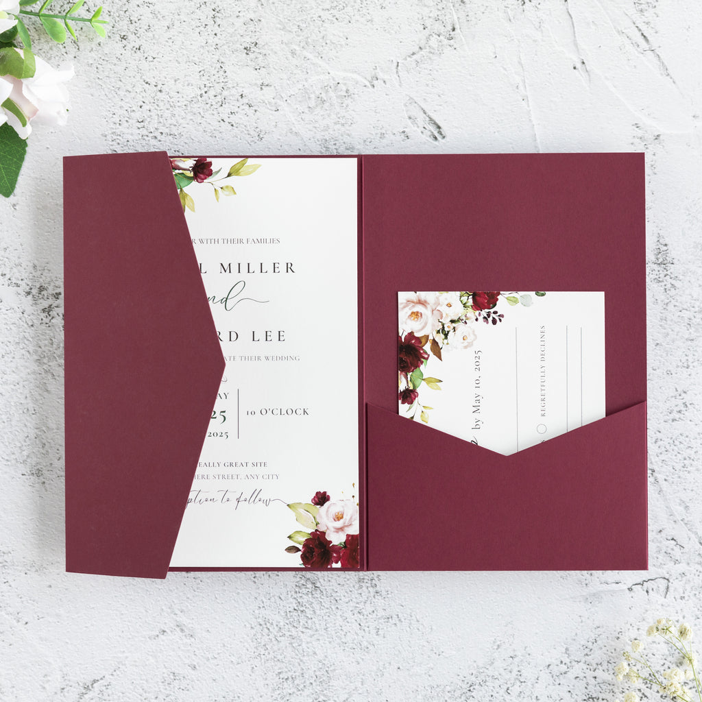 PONATIA 20 PCS Burgundy Tri-fold Wedding Invitation Pockets for 5x7 Wedding Cards