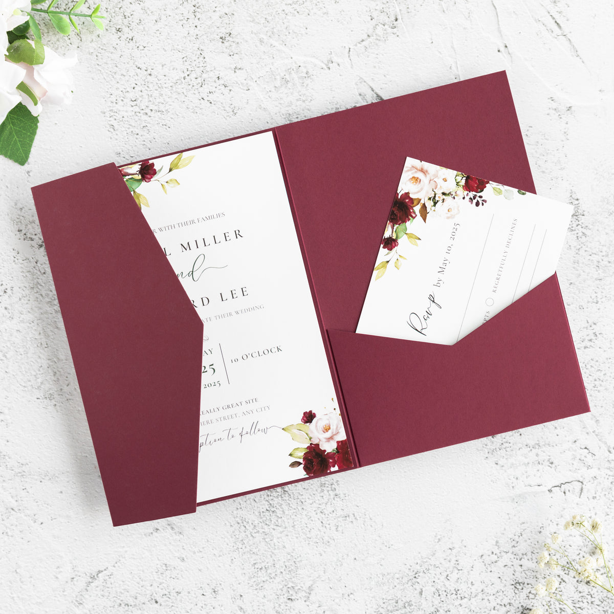 PONATIA 20 PCS Burgundy Tri-fold Wedding Invitation Pockets for 5x7 Wedding Cards