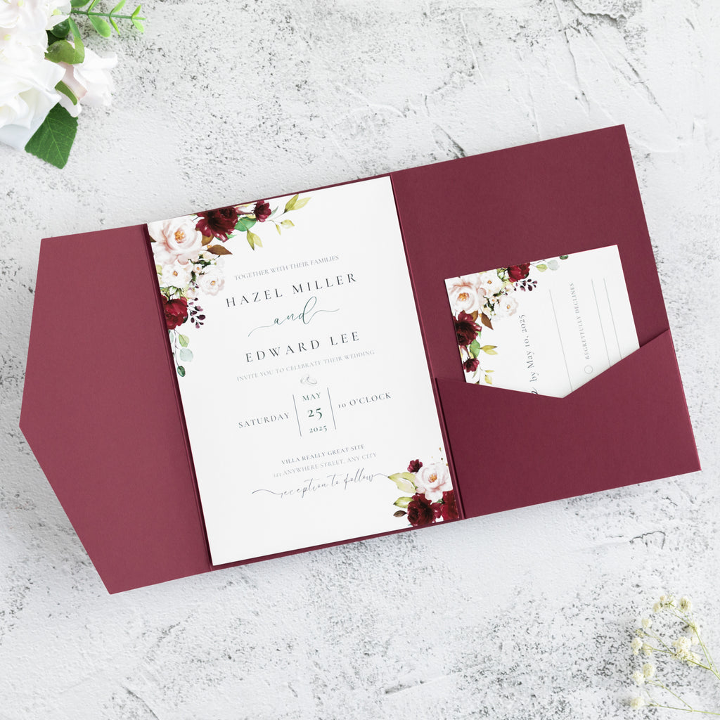 PONATIA 20 PCS Burgundy Tri-fold Wedding Invitation Pockets for 5x7 Wedding Cards