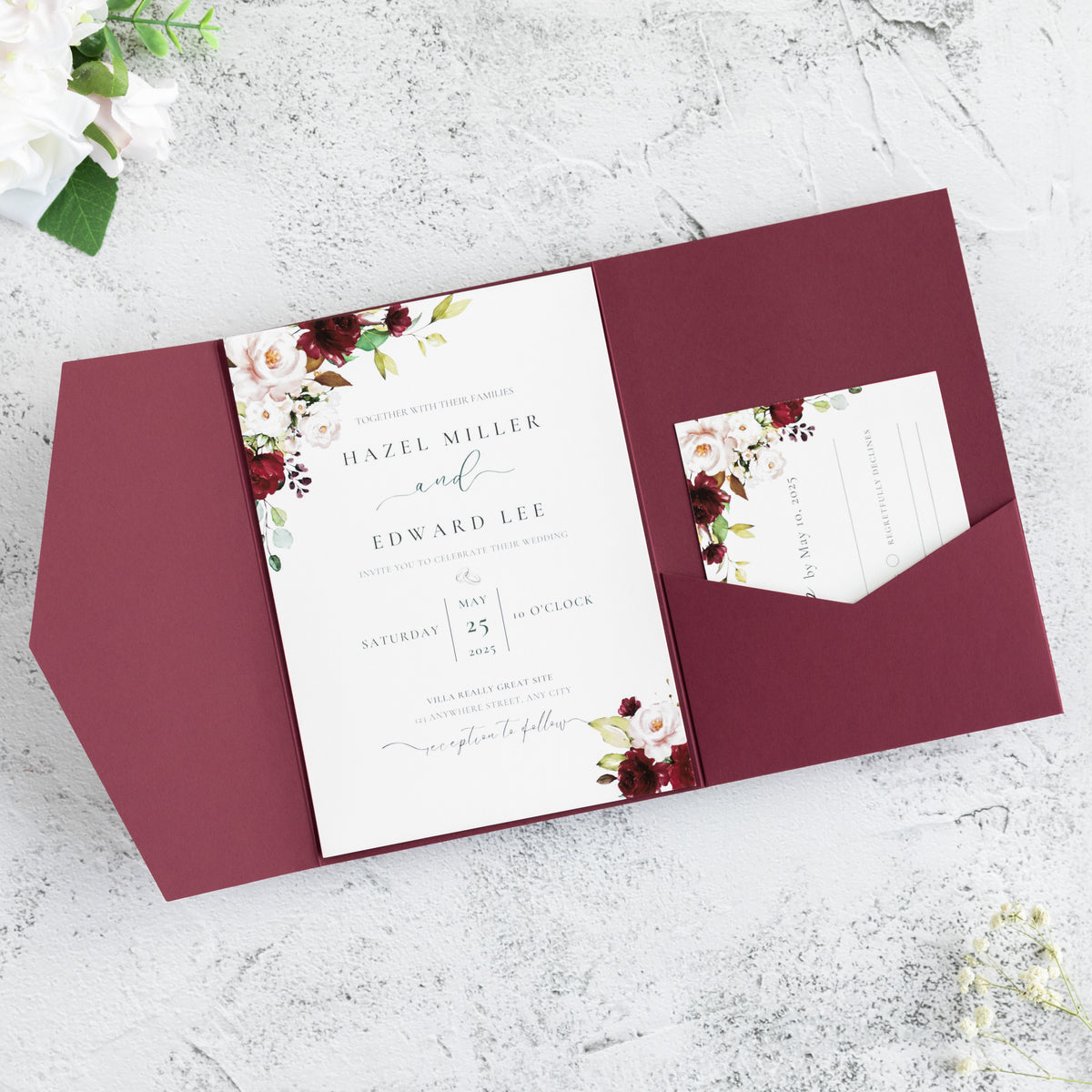 PONATIA 20 PCS Burgundy Tri-fold Wedding Invitation Pockets for 5x7 Wedding Cards