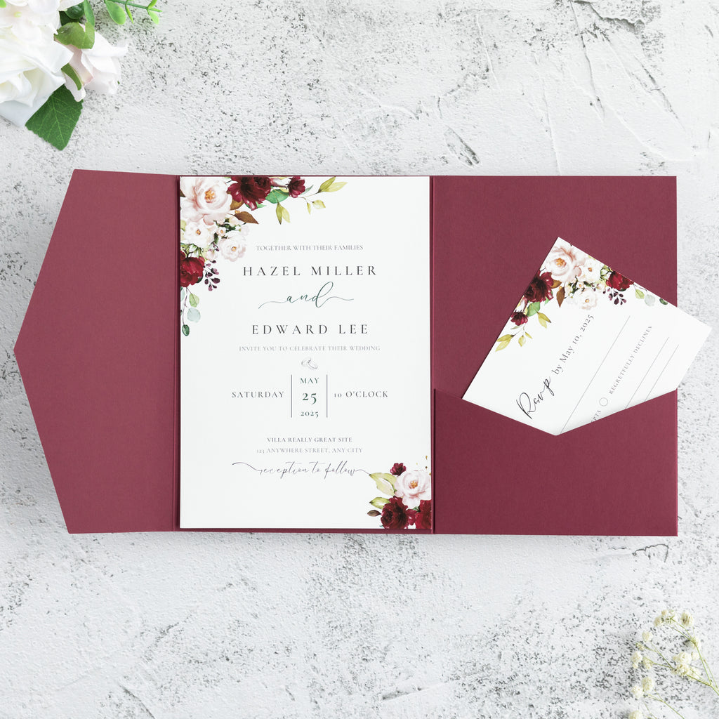 PONATIA 20 PCS Burgundy Tri-fold Wedding Invitation Pockets for 5x7 Wedding Cards