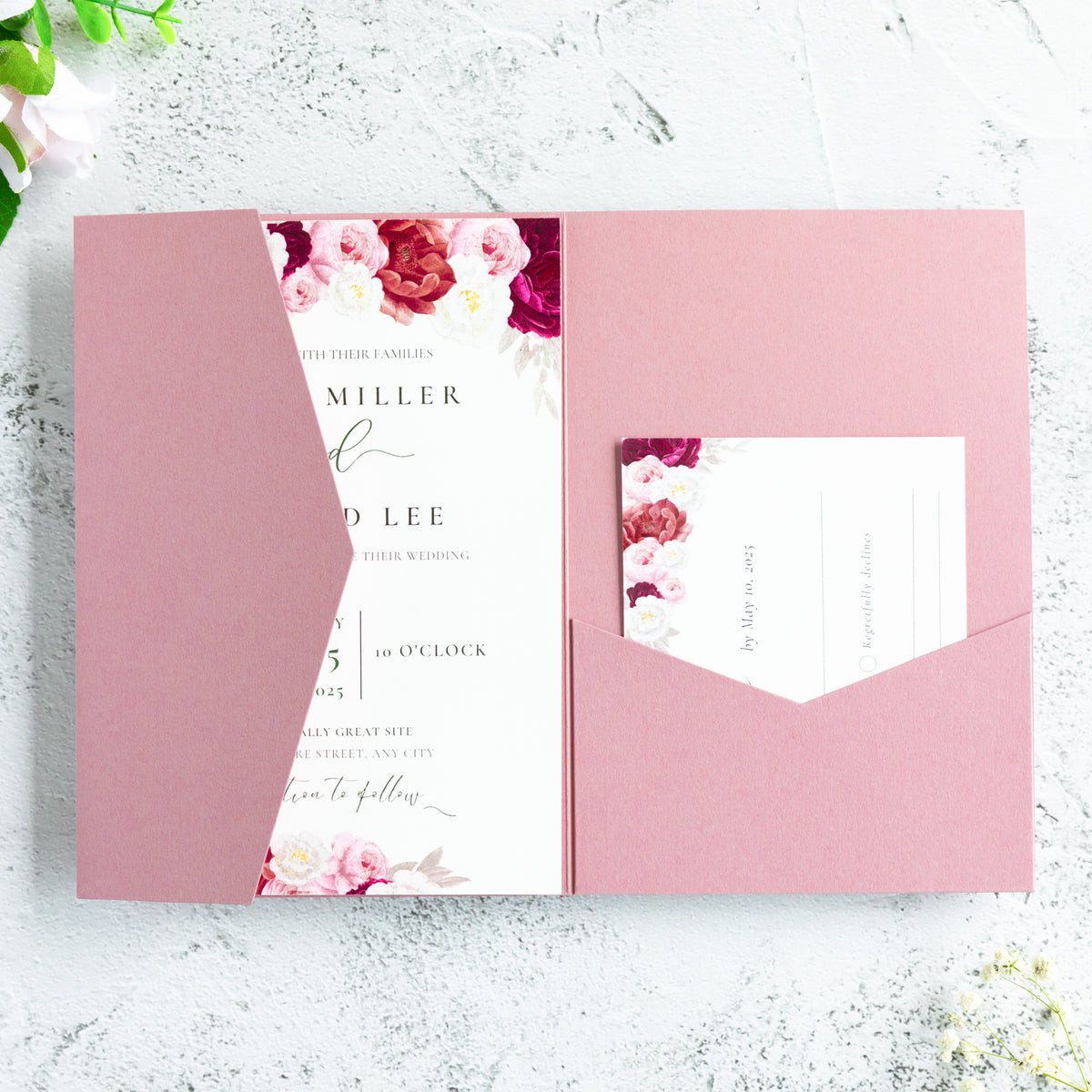 PONATIA 20 PCS Dusty Rose Tri-fold Wedding Invitation Pockets for 5x7 Wedding Cards