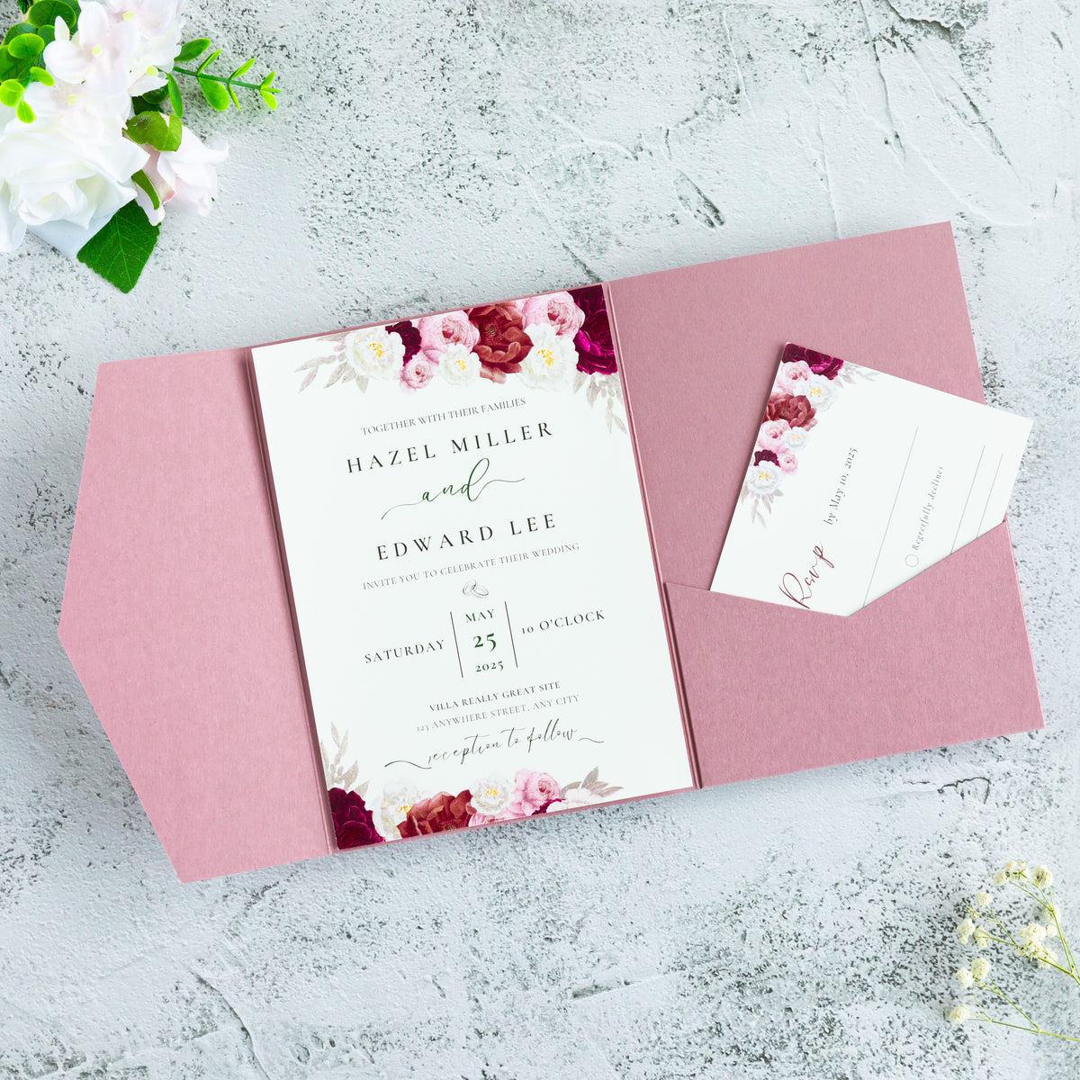 PONATIA 20 PCS Dusty Rose Tri-fold Wedding Invitation Pockets for 5x7 Wedding Cards