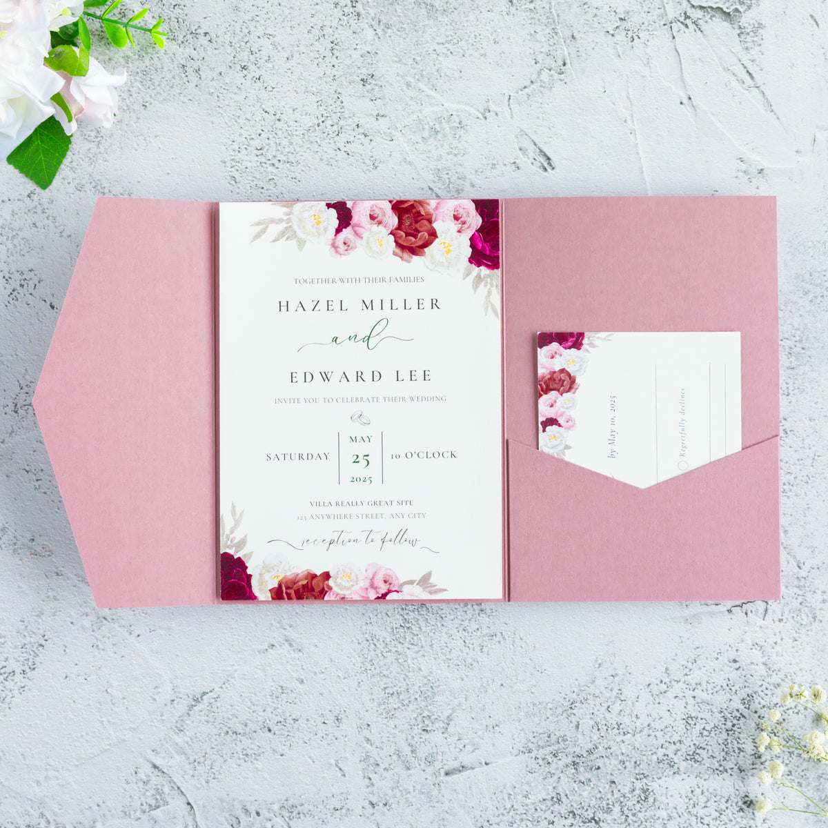 PONATIA 20 PCS Dusty Rose Tri-fold Wedding Invitation Pockets for 5x7 Wedding Cards