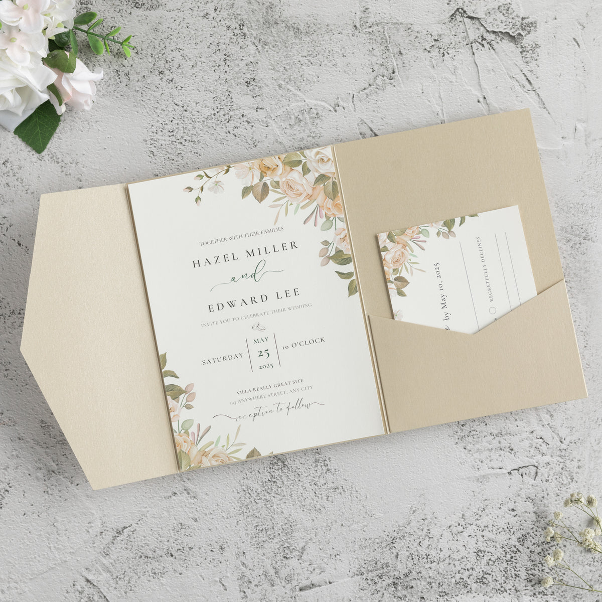 PONATIA 20 PCS Champagne Tri-fold Wedding Invitation Pockets for 5x7 Wedding Cards