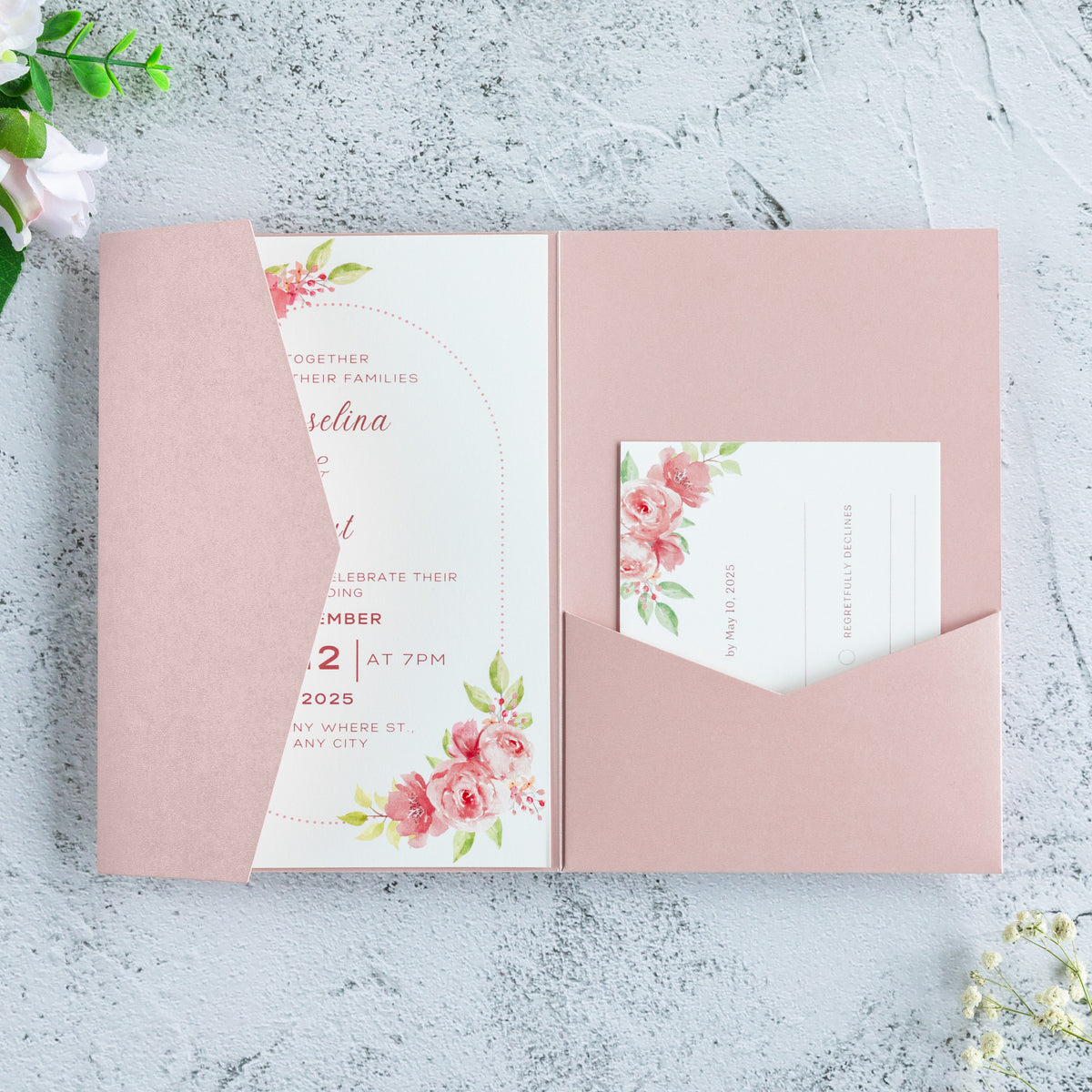 PONATIA 20 PCS Blush Pink Tri-fold Wedding Invitation Pockets for 5x7 Wedding Cards