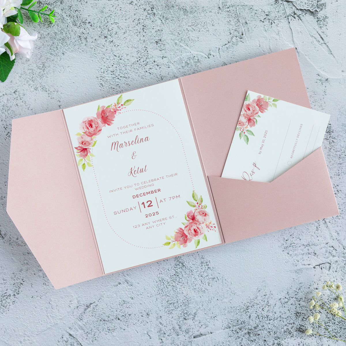 PONATIA 20 PCS Blush Pink Tri-fold Wedding Invitation Pockets for 5x7 Wedding Cards