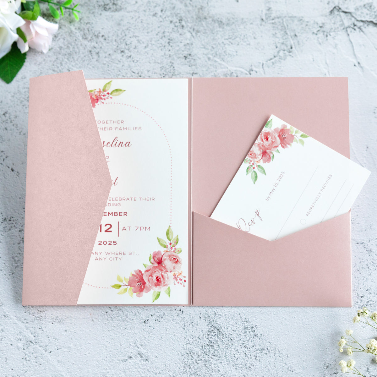 PONATIA 20 PCS Blush Pink Tri-fold Wedding Invitation Pockets for 5x7 Wedding Cards