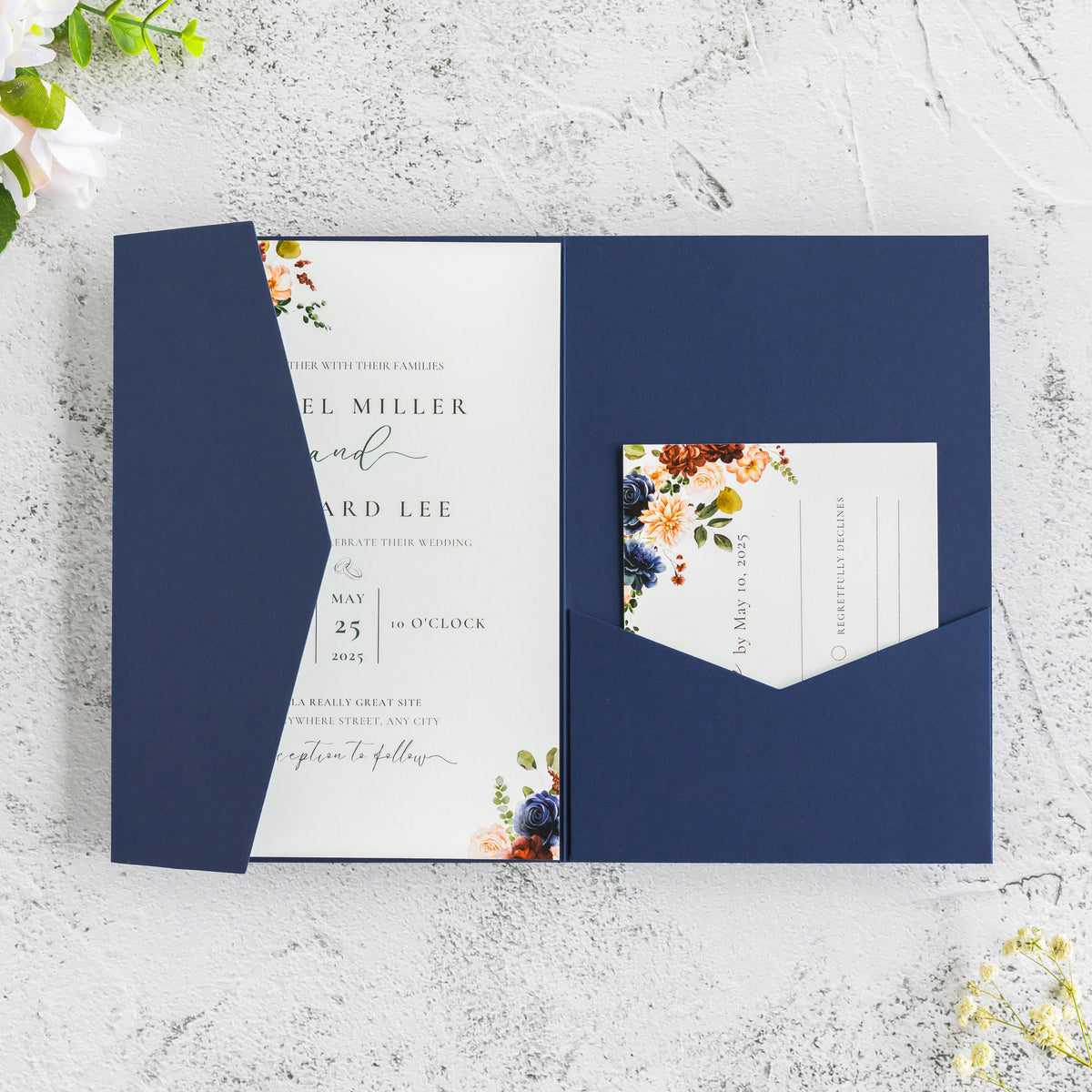 PONATIA 20 PCS Navy Blue Tri-fold Wedding Invitation Pockets for 5x7 Wedding Cards