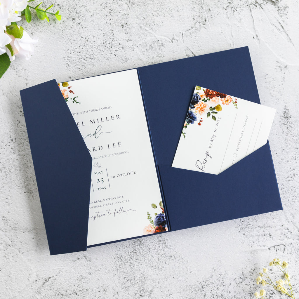PONATIA 20 PCS Navy Blue Tri-fold Wedding Invitation Pockets for 5x7 Wedding Cards