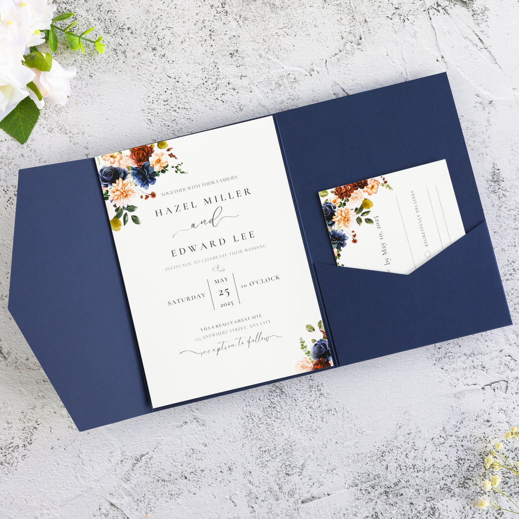 PONATIA 20 PCS Navy Blue Tri-fold Wedding Invitation Pockets for 5x7 Wedding Cards