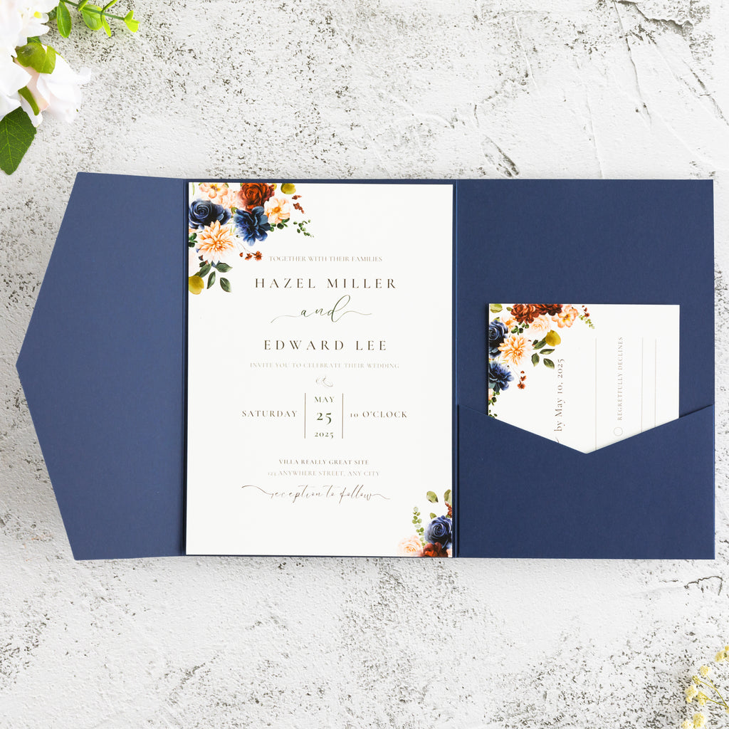 PONATIA 20 PCS Navy Blue Tri-fold Wedding Invitation Pockets for 5x7 Wedding Cards
