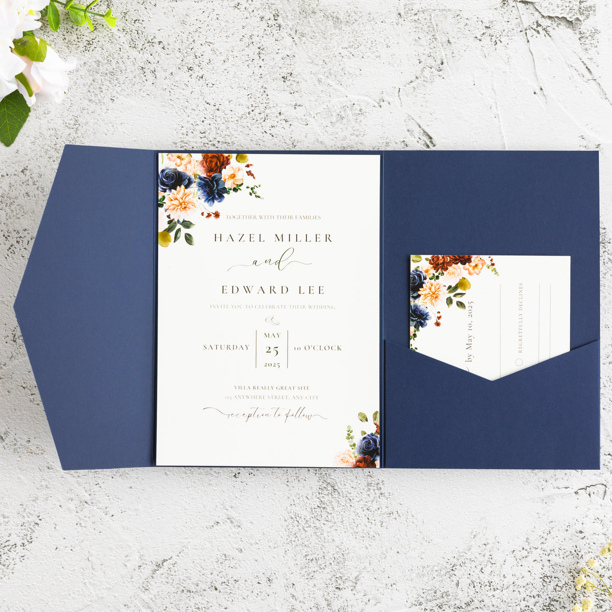 PONATIA 20 PCS Navy Blue Tri-fold Wedding Invitation Pockets for 5x7 Wedding Cards