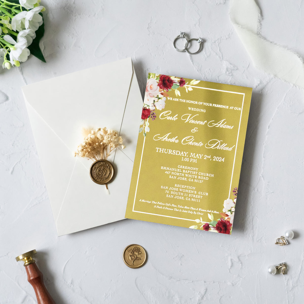 PONATIA Gold Mirror Wedding Invitation Cards with Shiny Ivory Euro Flap Envelope-2mm/0.7"