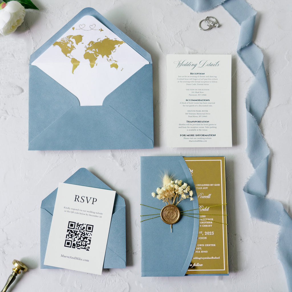 PONATIA Gold Mirror Acrylic Dusty Blue Wedding Invitation Suite