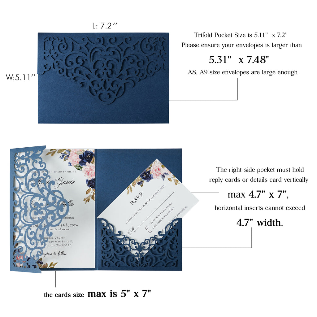 PONATIA  20PCS Navy Blue Laser Cut Wedding Invitations Pockets