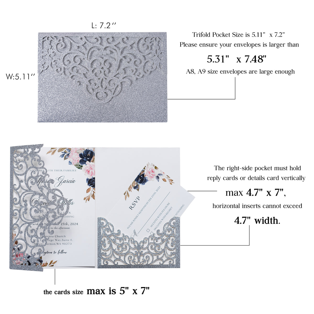 PONATIA  20PCS Silver Laser Cut Wedding Invitations Pockets
