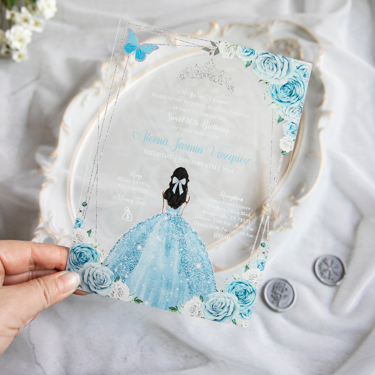 PONATIA 1mm/0.04" Light Blue Acrylic Quinceanera Invitation Cards with Envelopes
