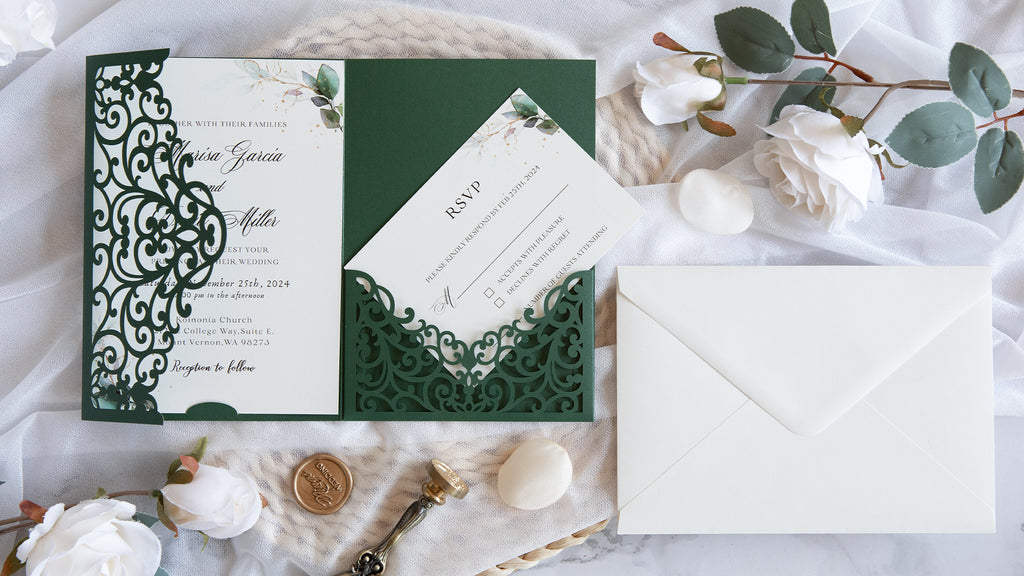 PONATIA  20PCS Emerald Green Laser Cut Wedding Invitations Pockets