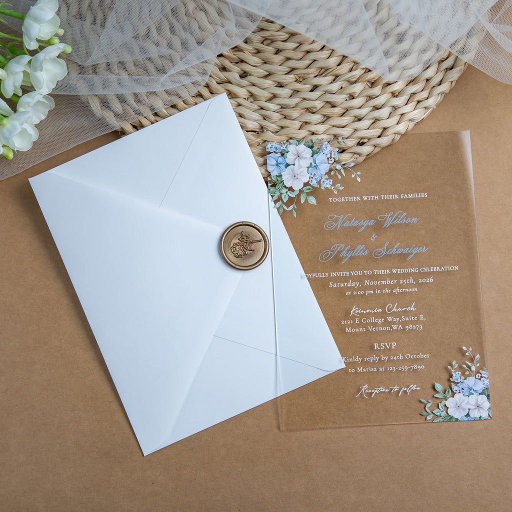 PONATIA 1mm/0.04'' Clear Acrylic Blue Floral Wedding Invitation Cards  and Ivory Envelopes