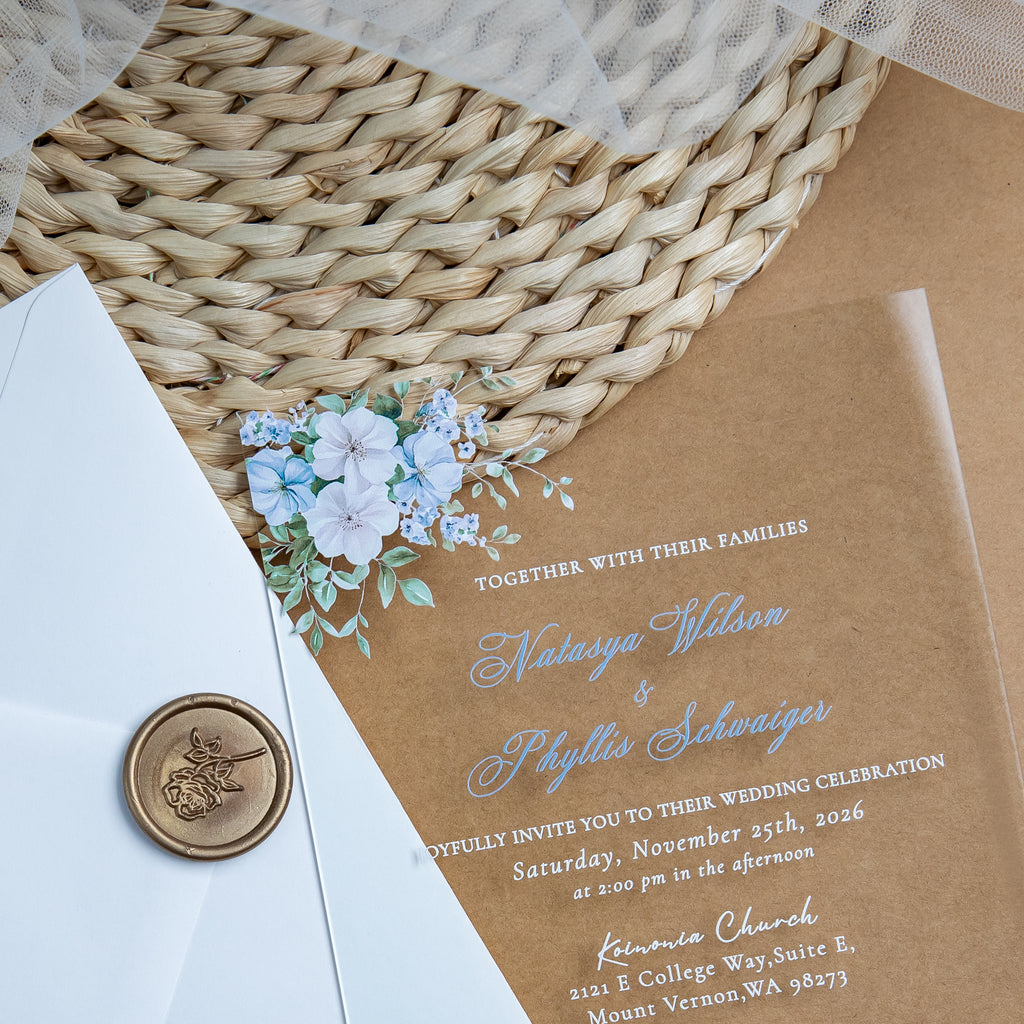 PONATIA 1mm/0.04'' Clear Acrylic Blue Floral Wedding Invitation Cards  and Ivory Envelopes