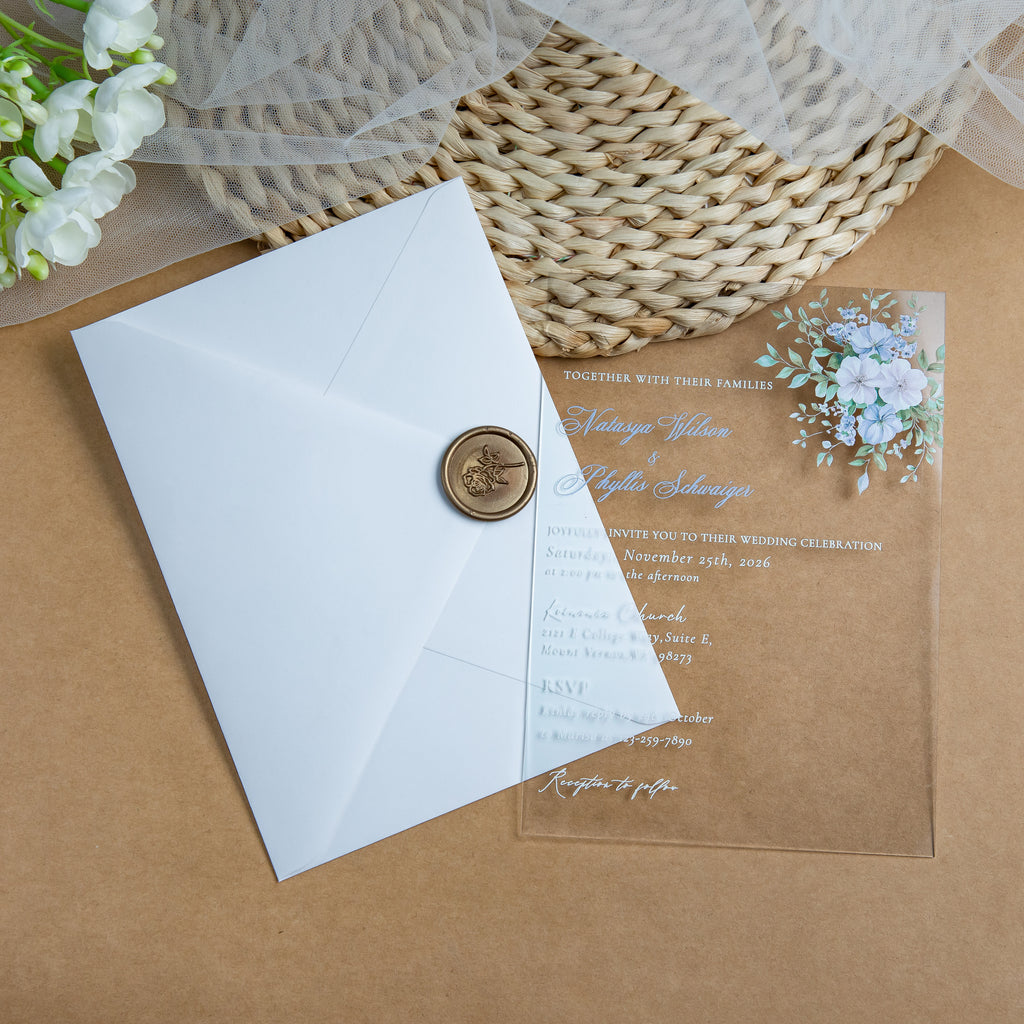 PONATIA 1mm/0.04'' Clear Acrylic Blue Flower Wedding Invitation Cards  and Ivory Envelopes