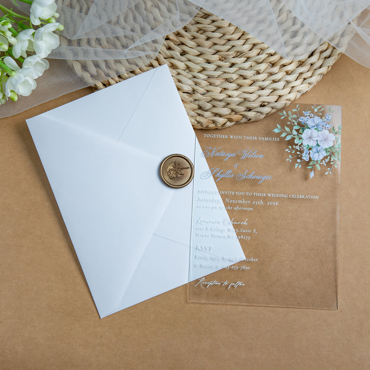 PONATIA 1mm/0.04'' Clear Acrylic Blue Flower Wedding Invitation Cards  and Ivory Envelopes