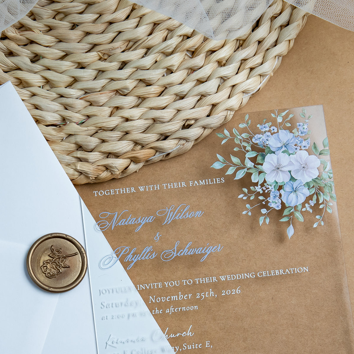 PONATIA 1mm/0.04'' Clear Acrylic Blue Flower Wedding Invitation Cards  and Ivory Envelopes