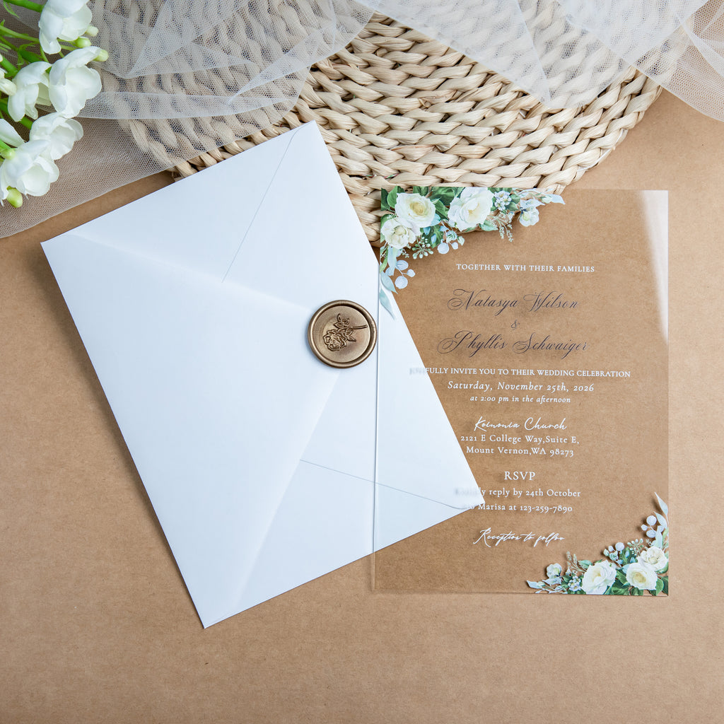 PONATIA 1mm/0.04'' Clear Acrylic White Flower Wedding Invitation Cards  and Ivory Envelopes