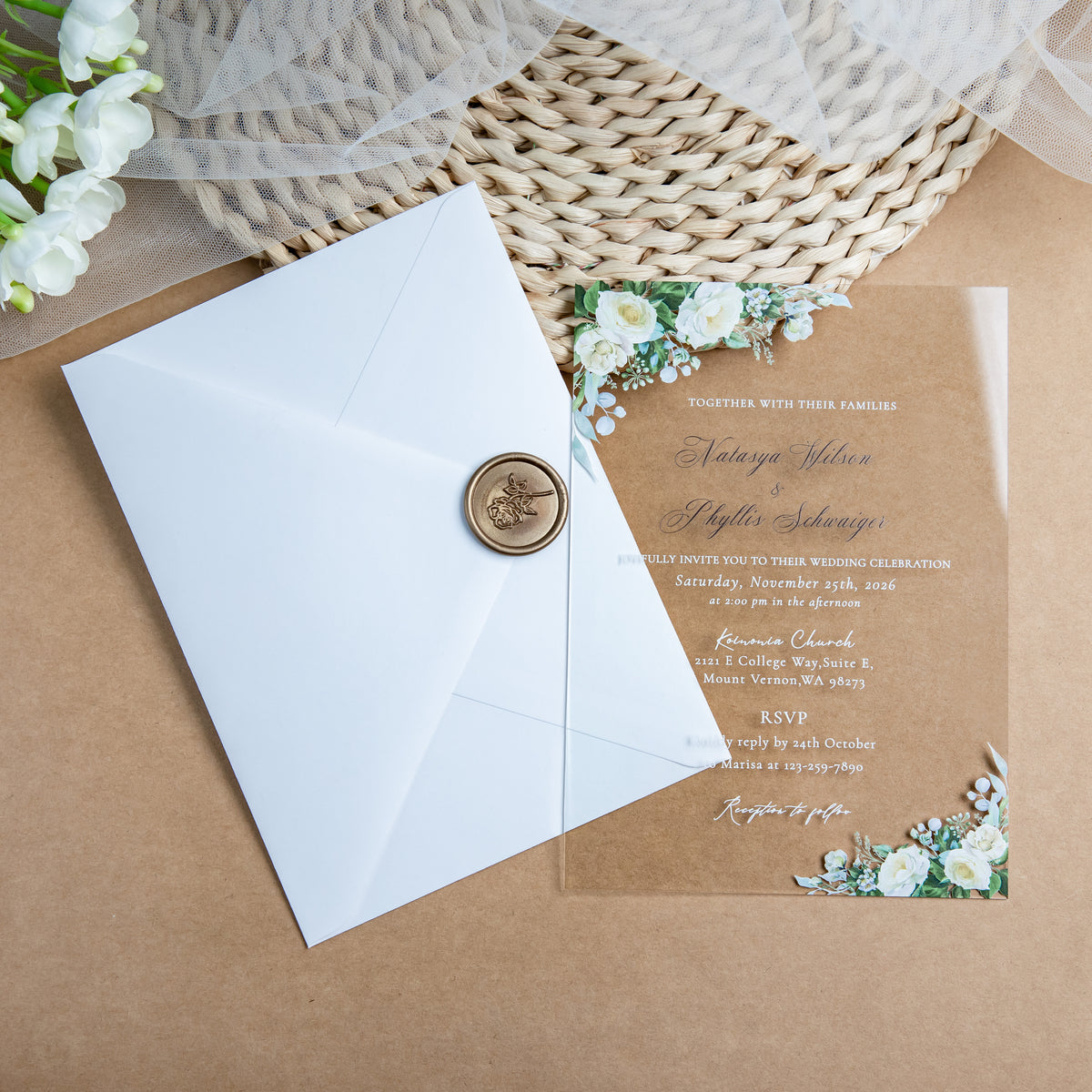PONATIA 1mm/0.04'' Clear Acrylic White Flower Wedding Invitation Cards  and Ivory Envelopes