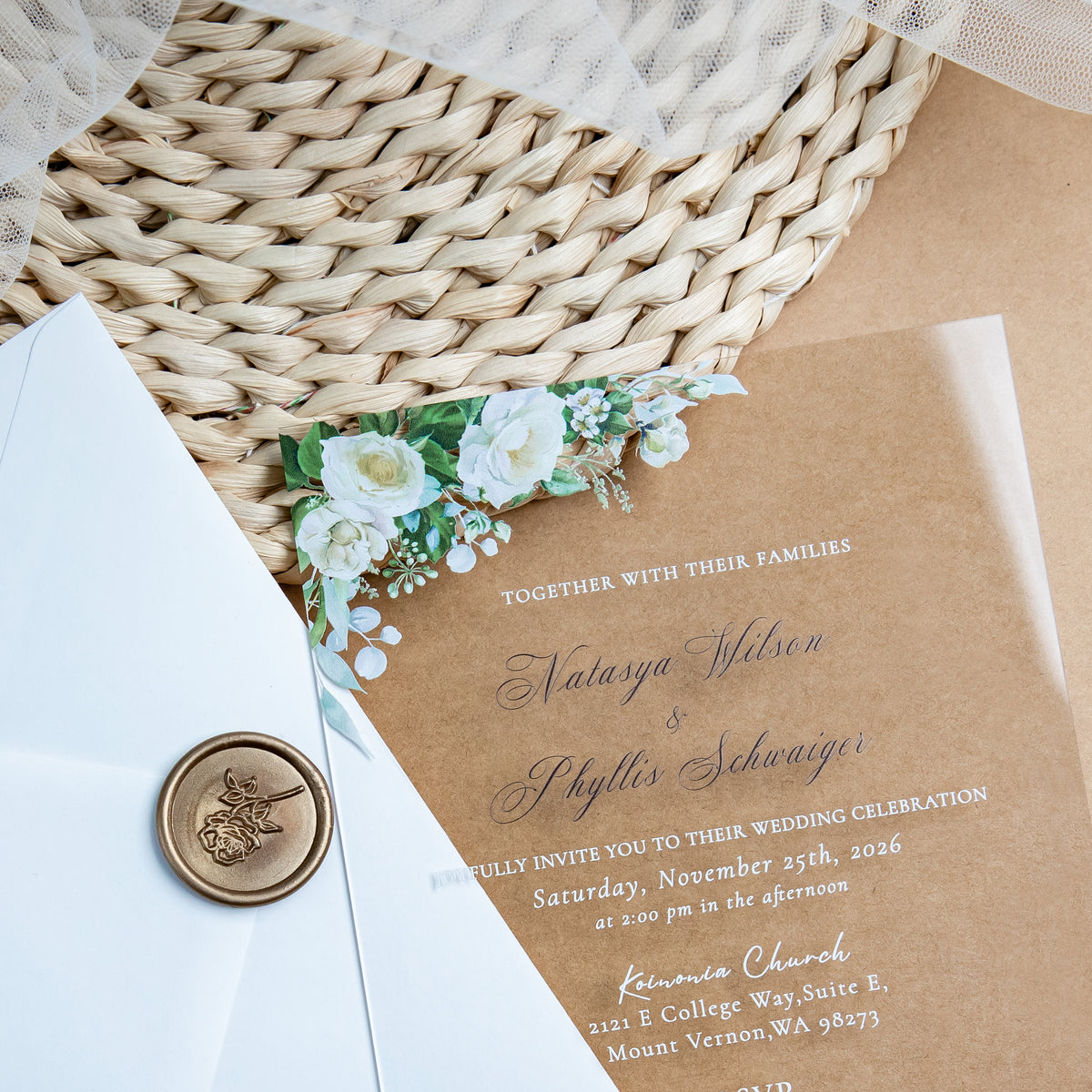 PONATIA 1mm/0.04'' Clear Acrylic White Flower Wedding Invitation Cards  and Ivory Envelopes