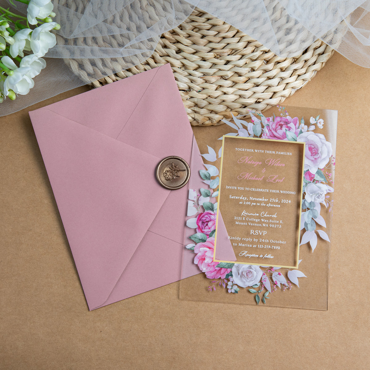 PONATIA 1mm/0.04'' Clear Acrylic Floral Wedding Invitation Cards  and Dusty Rose Envelopes