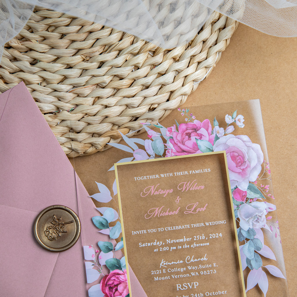 PONATIA 1mm/0.04'' Clear Acrylic Floral Wedding Invitation Cards  and Dusty Rose Envelopes