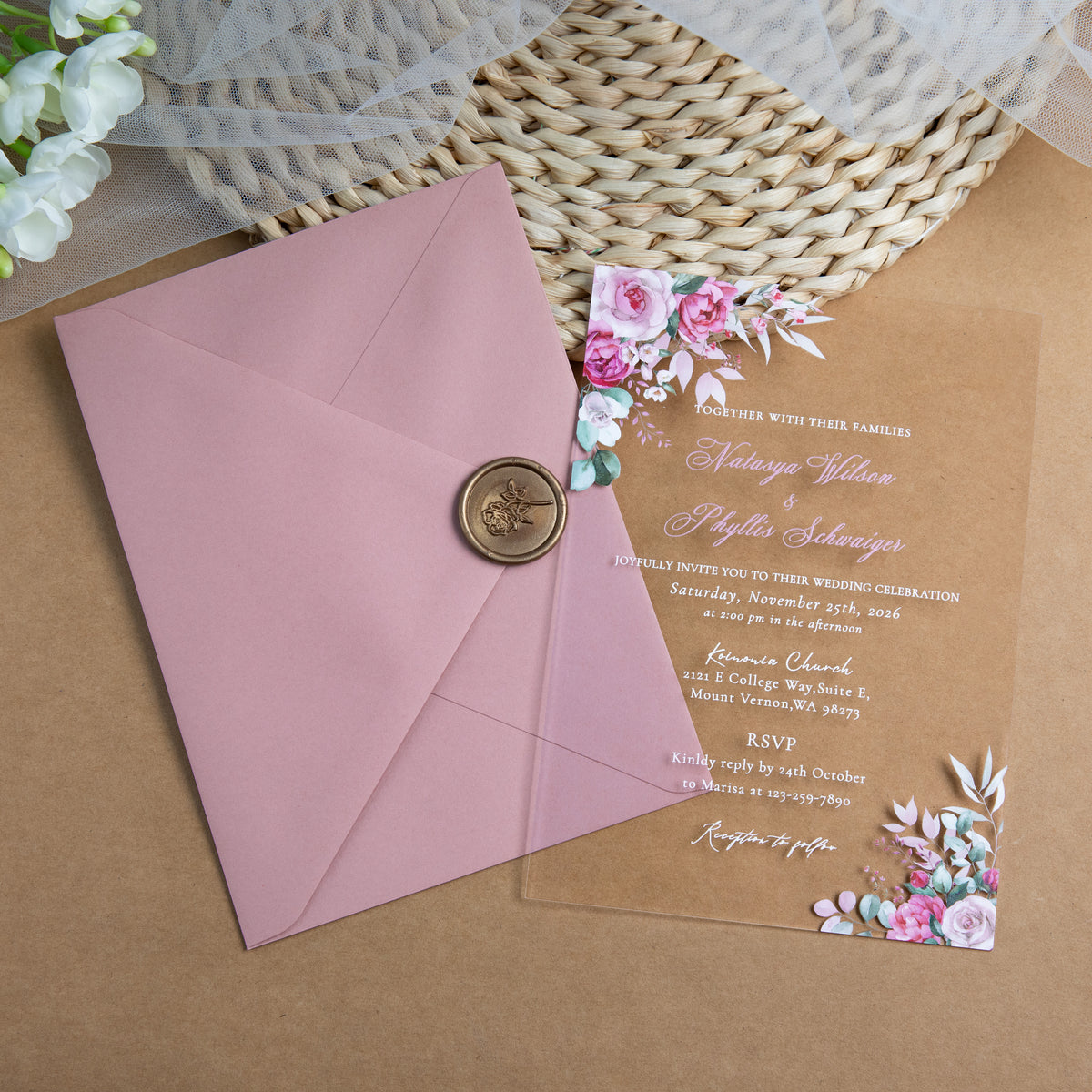 PONATIA 1mm/0.04'' Clear Acrylic Flower Wedding Invitation Cards  and Dusty Rose Envelopes