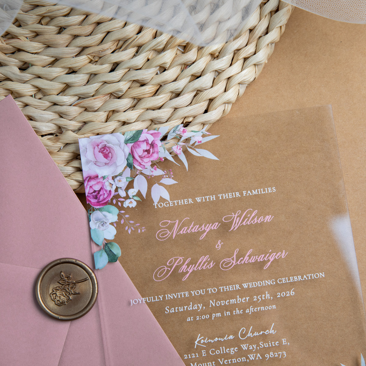 PONATIA 1mm/0.04'' Clear Acrylic Flower Wedding Invitation Cards  and Dusty Rose Envelopes