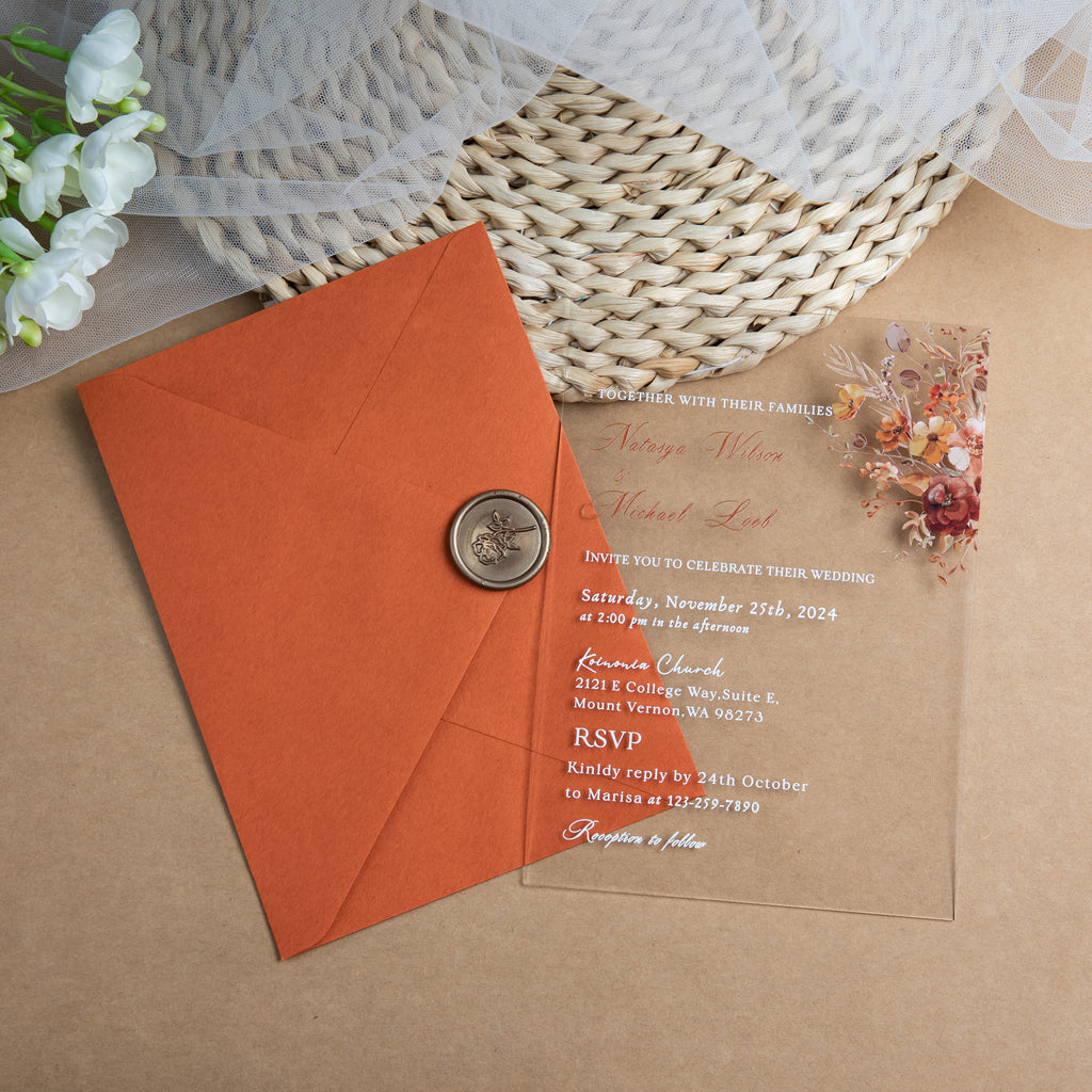 PONATIA 1mm/0.04'' Clear Acrylic Floral Wedding Invitation Cards  and Burnt Orange Envelopes