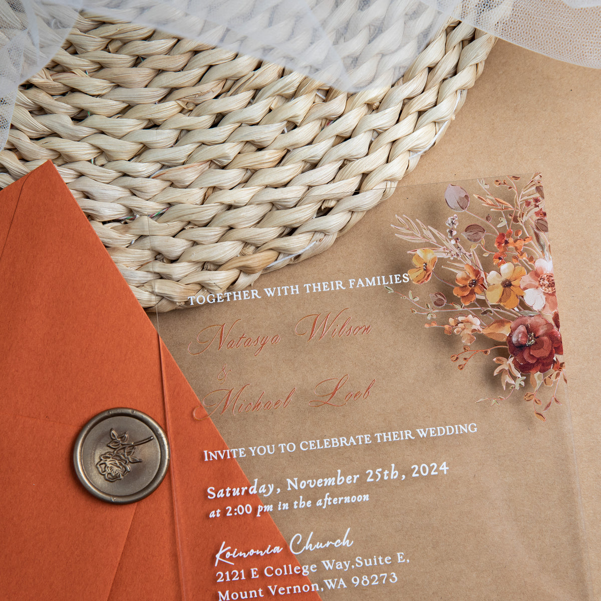 PONATIA 1mm/0.04'' Clear Acrylic Floral Wedding Invitation Cards  and Burnt Orange Envelopes