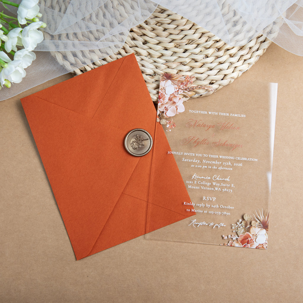 PONATIA 1mm/0.04'' Clear Acrylic Floral Wedding Invitation Cards  and Burnt Orange Envelope