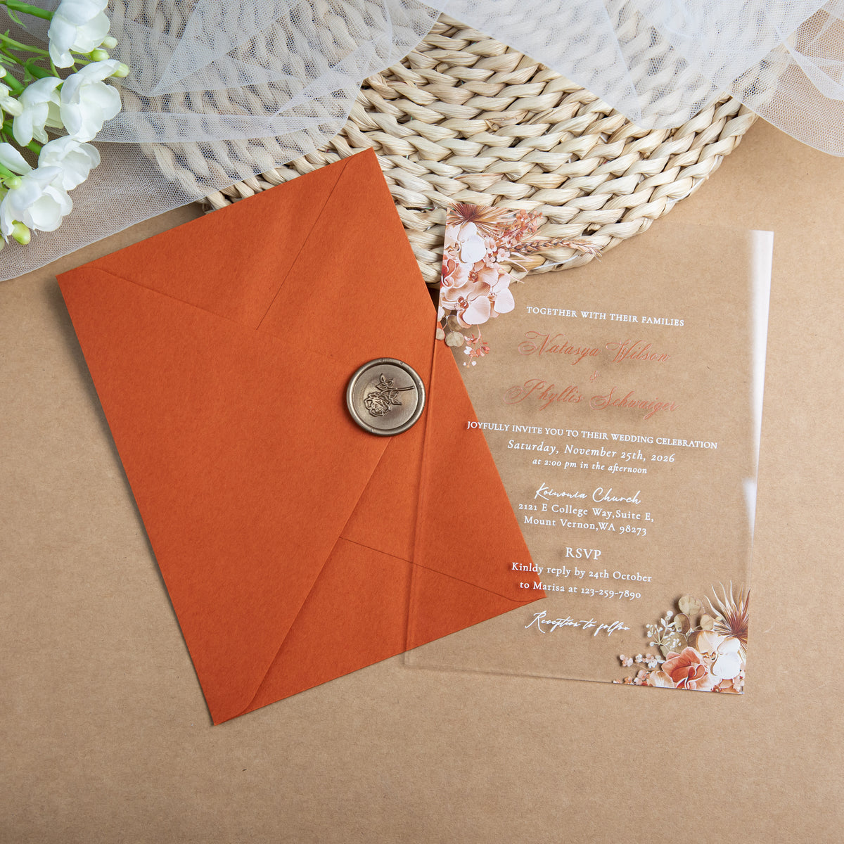 PONATIA 1mm/0.04'' Clear Acrylic Floral Wedding Invitation Cards  and Burnt Orange Envelope