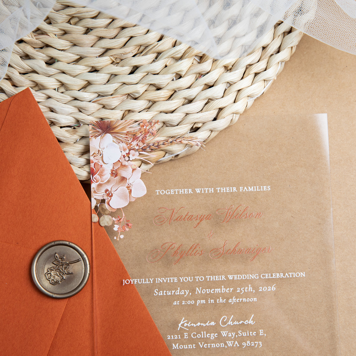 PONATIA 1mm/0.04'' Clear Acrylic Floral Wedding Invitation Cards  and Burnt Orange Envelope