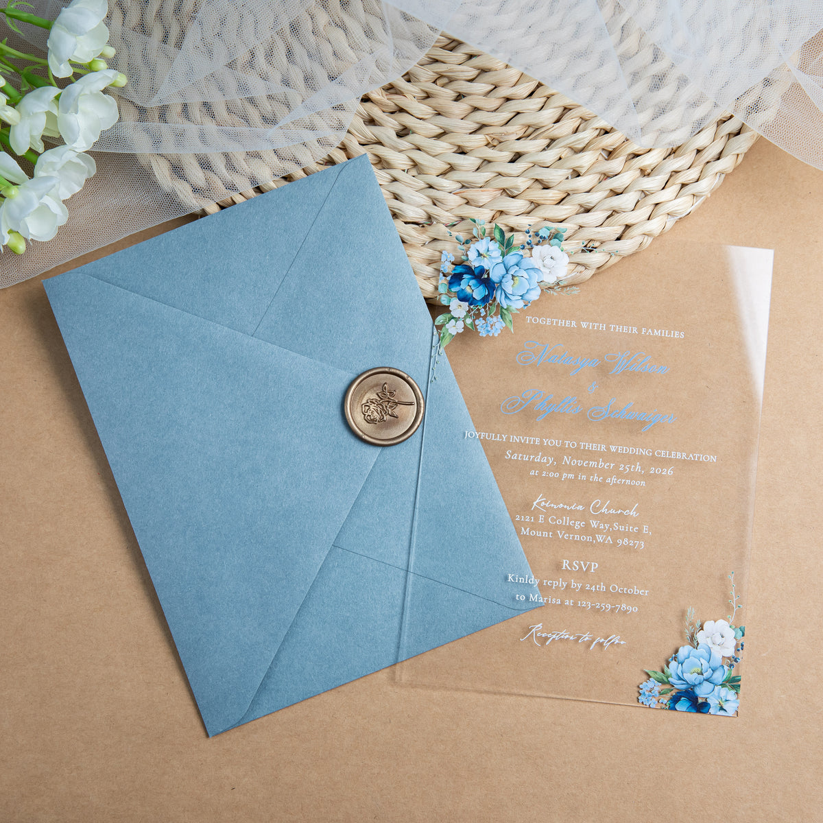 PONATIA 1mm/0.04'' Clear Acrylic Floral Wedding Invitation Cards  and Dusty Blue Envelopes