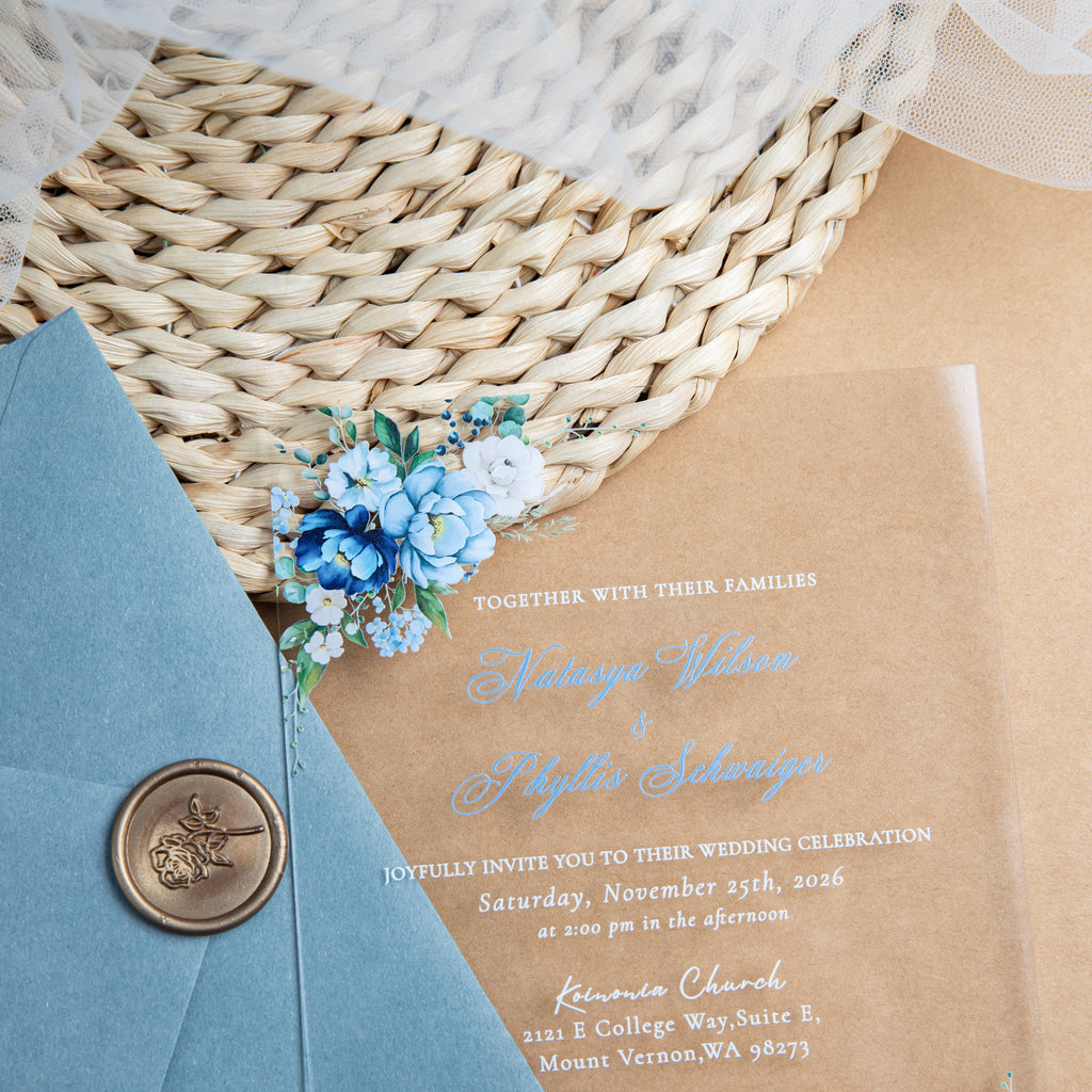 PONATIA 1mm/0.04'' Clear Acrylic Floral Wedding Invitation Cards  and Dusty Blue Envelopes