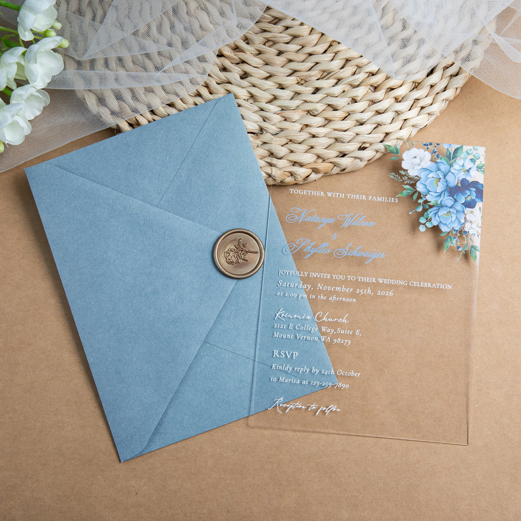 PONATIA 1mm/0.04'' Clear Acrylic Flower Wedding Invitation Cards  and Dusty Blue Envelopes