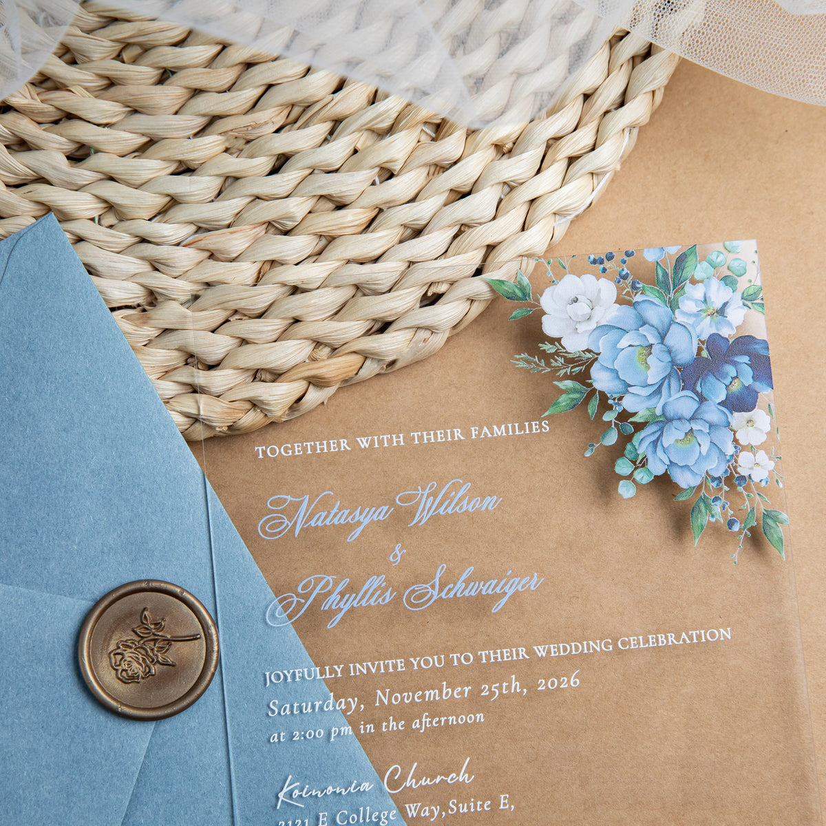PONATIA 1mm/0.04'' Clear Acrylic Flower Wedding Invitation Cards  and Dusty Blue Envelopes