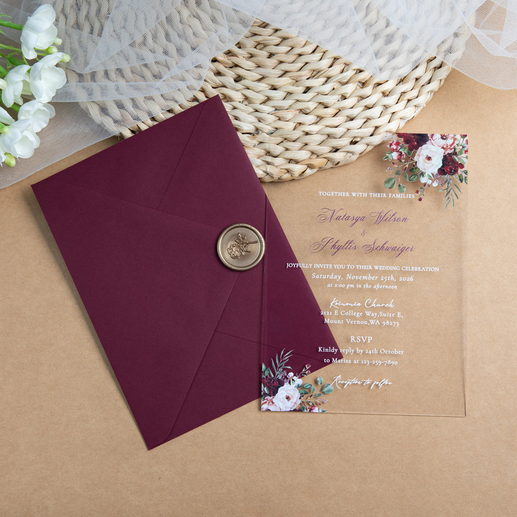 PONATIA 1mm/0.04'' Clear Acrylic Flower Wedding Invitation Cards  and Burgundy Envelopes