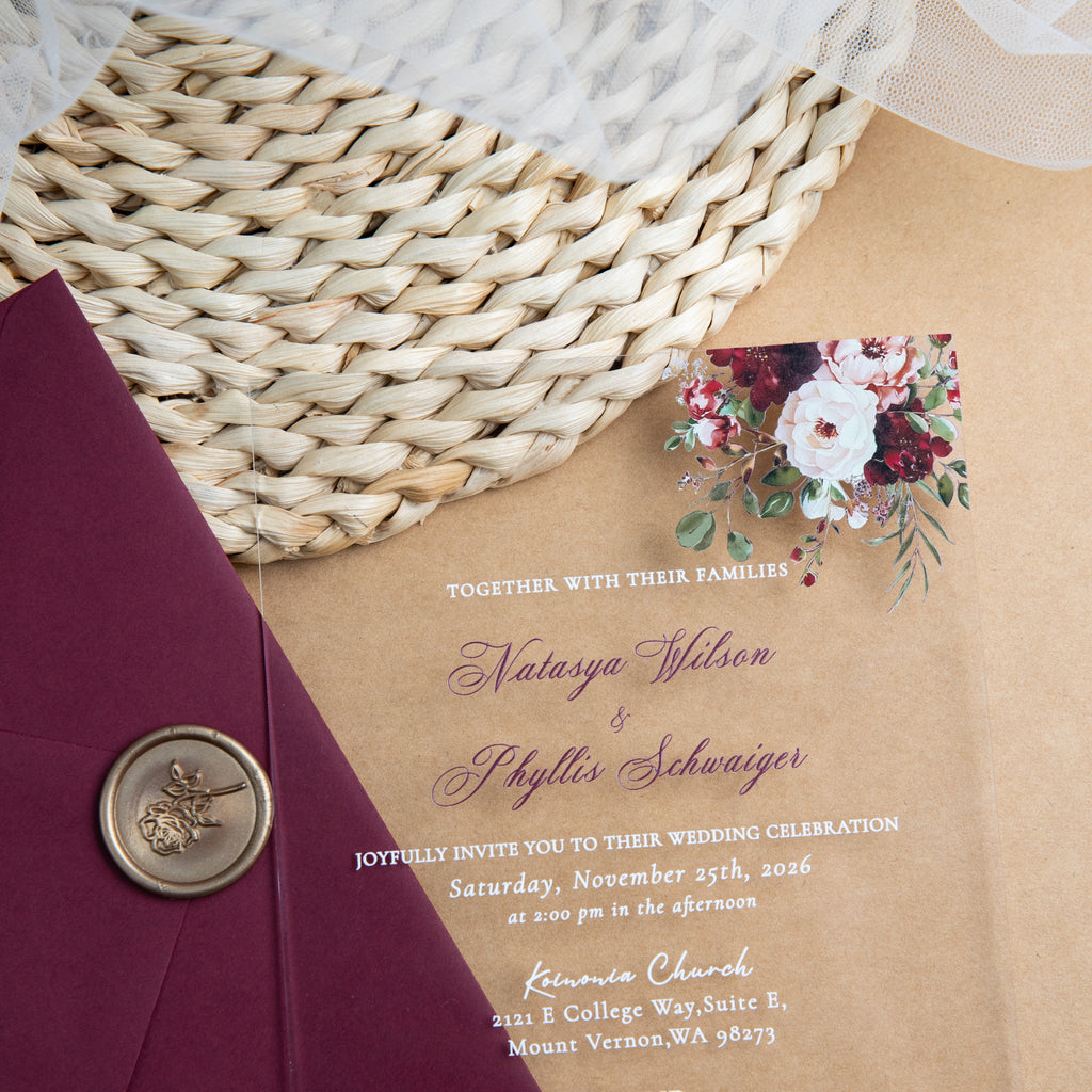 PONATIA 1mm/0.04'' Clear Acrylic Flower Wedding Invitation Cards  and Burgundy Envelopes