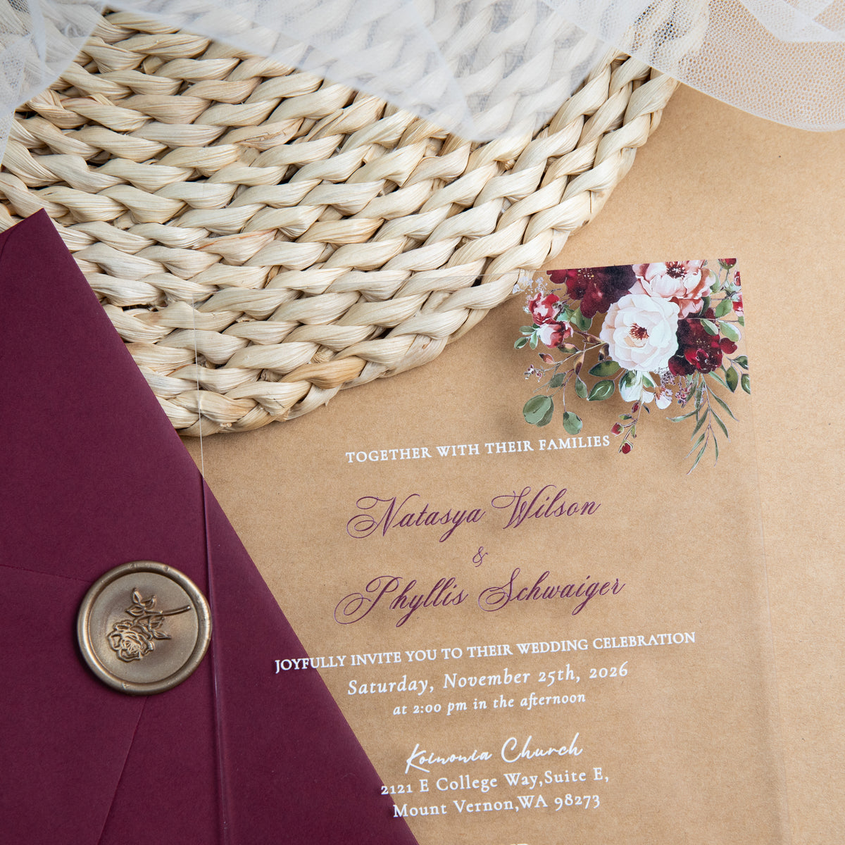 PONATIA 1mm/0.04'' Clear Acrylic Flower Wedding Invitation Cards  and Burgundy Envelopes