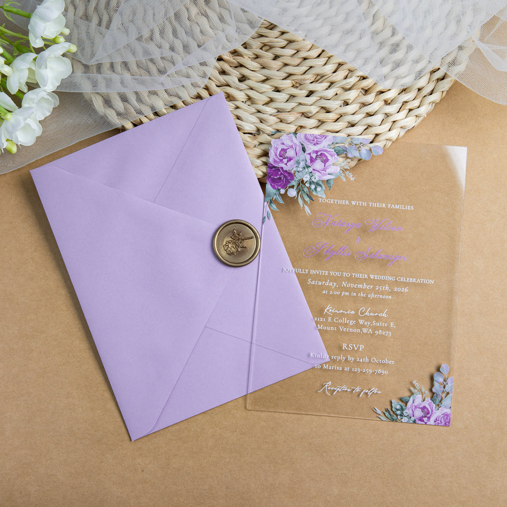 PONATIA 1mm/0.04'' Clear Acrylic Flower Wedding Invitation Cards  and Lilac Envelopes