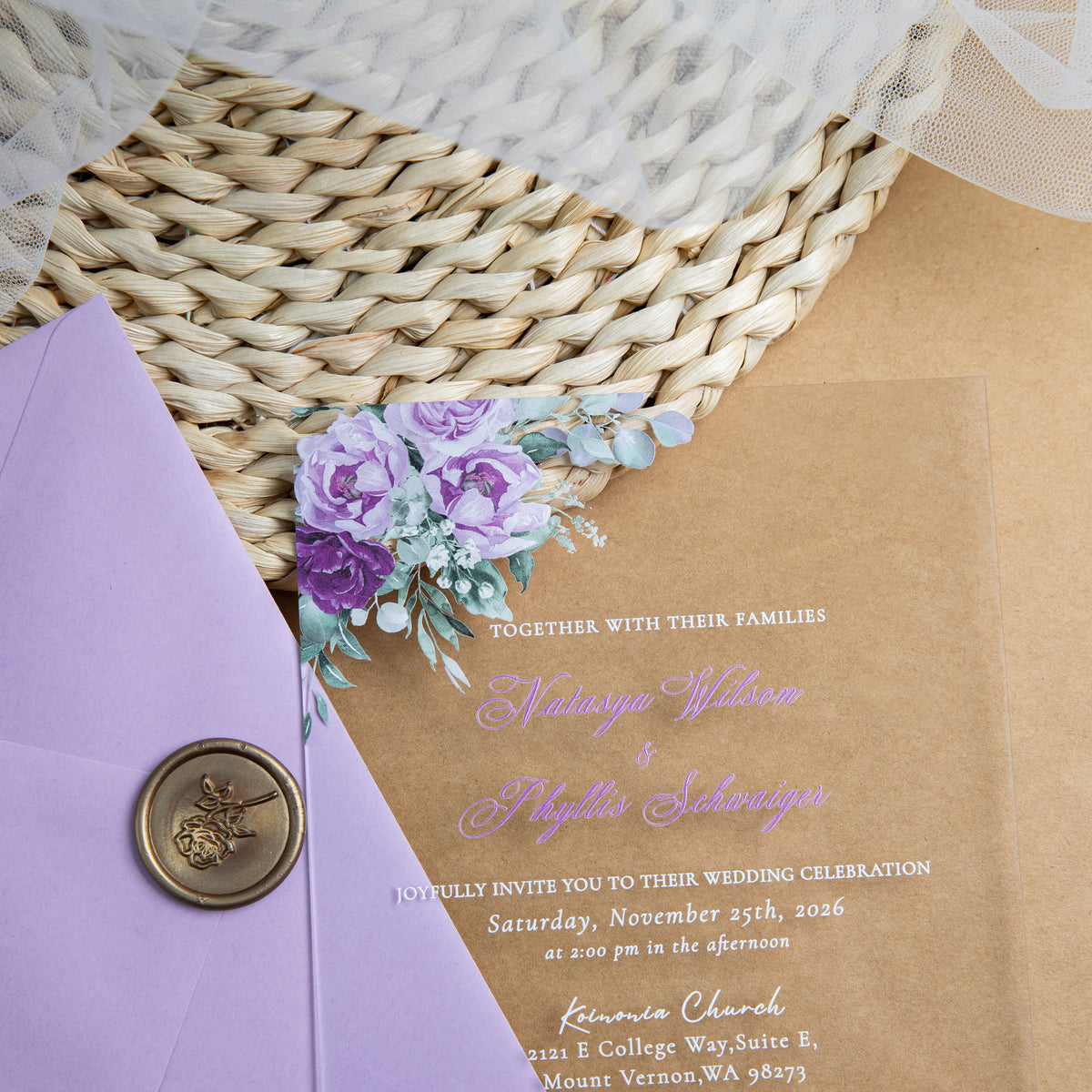 PONATIA 1mm/0.04'' Clear Acrylic Flower Wedding Invitation Cards  and Lilac Envelopes