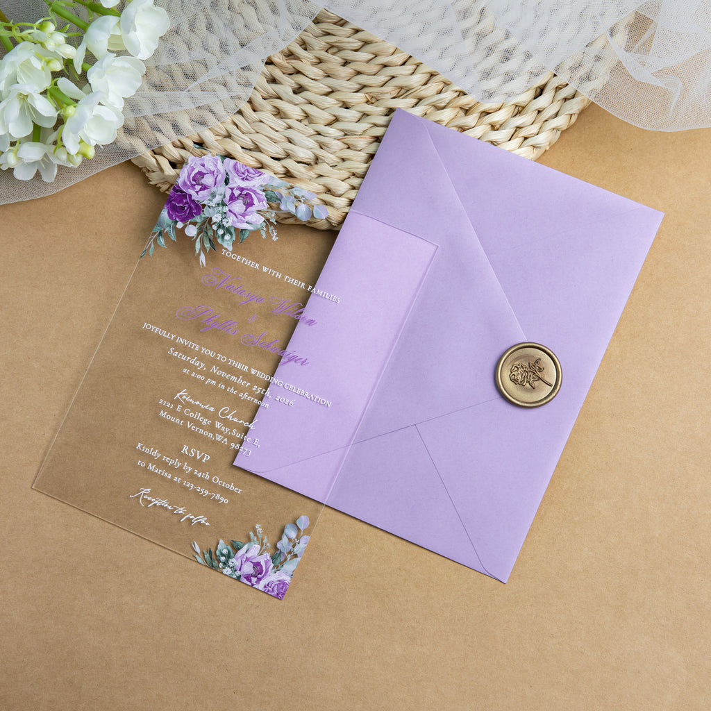 PONATIA 1mm/0.04'' Clear Acrylic Flower Wedding Invitation Cards  and Lilac Envelopes